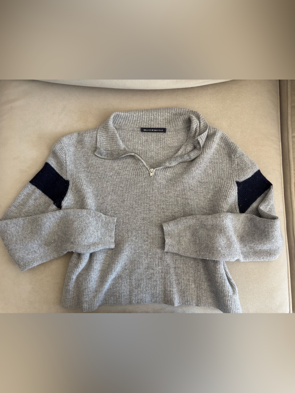 Brandy Melville Gray Half-Zip Knit Sweater with Navy Elbow Panels